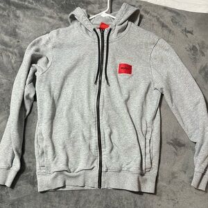 HUGO Light Gray Hoodie with Red Logo